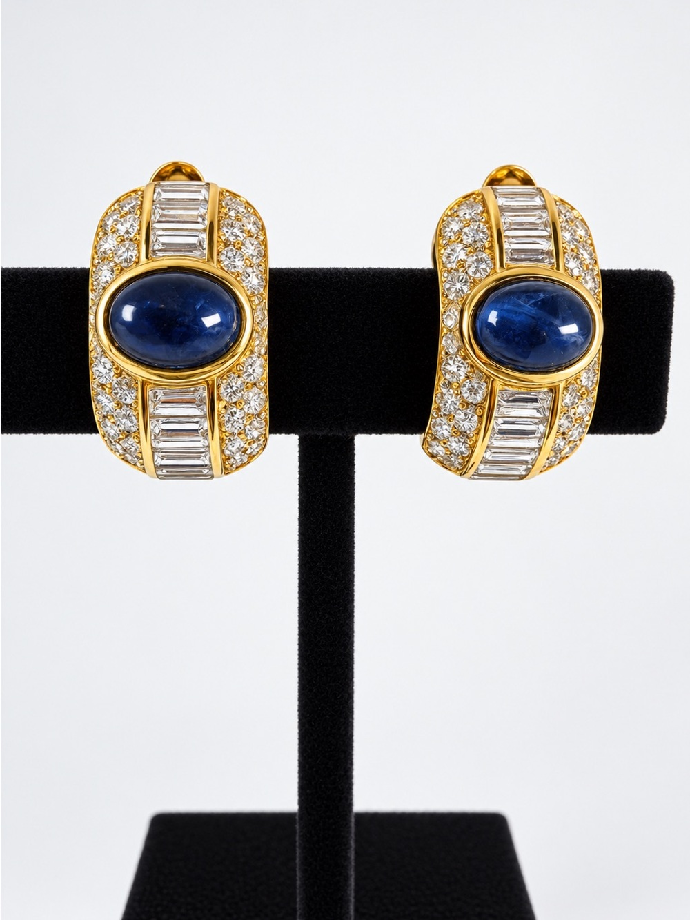 Vintage Christian Dior Germany Blue Cabochon Baguette Rhinestone Clip Earrings